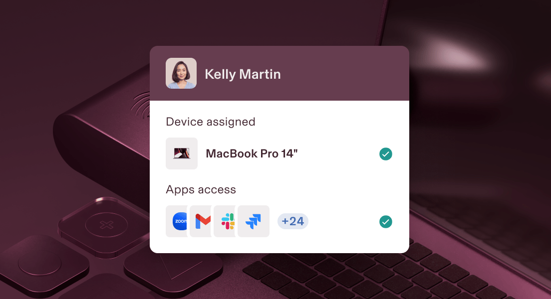 User profile showing device assignment of Macbook Pro and app access to Zoom, Gmail, Slack, and Figma on purple background.
