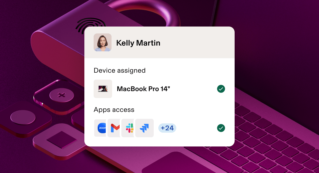 User profile showing device assignment of MacBook Pro and app access to Zoom, Gmail, Slack, and Figma on a 3D art background of a laptop, lock, and app tiles.
