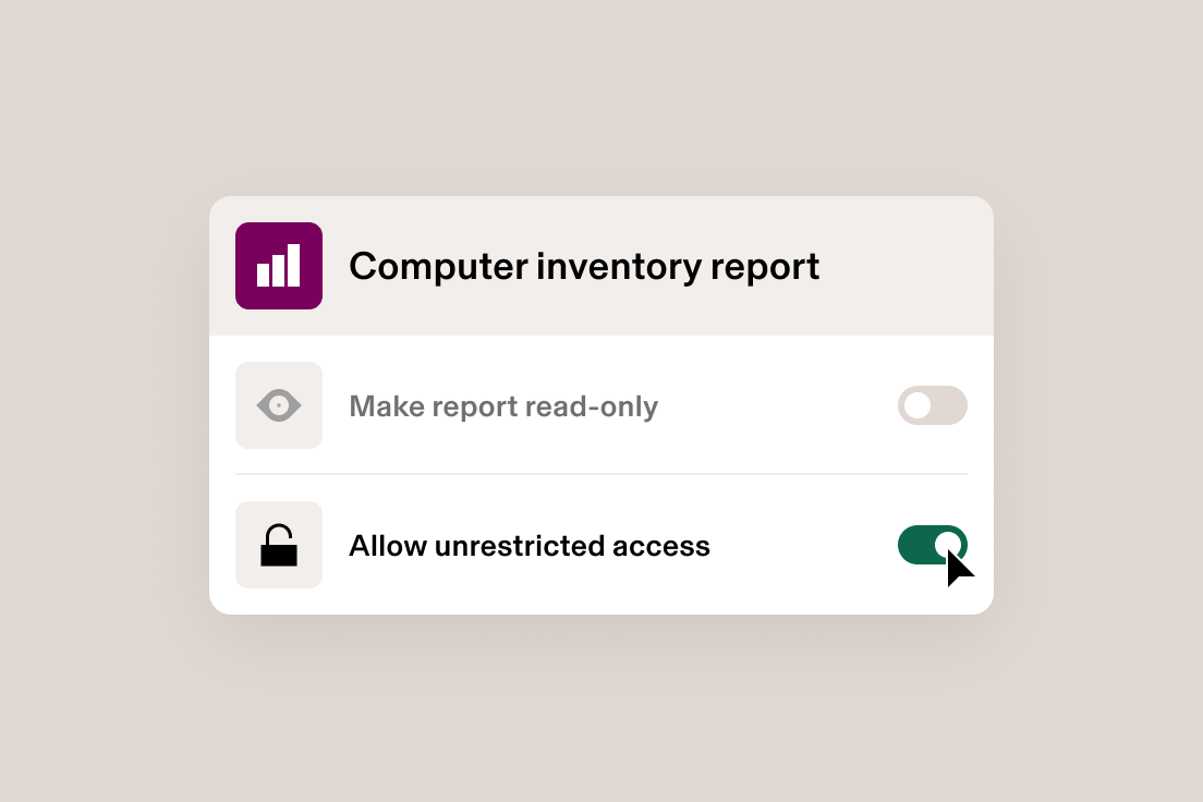 Computer inventory report settings panel with read-only toggle off and unrestricted access toggle on