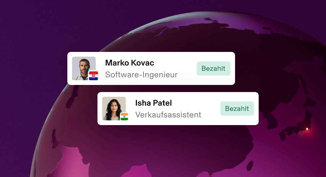 Benutzerprofilkarten von zwei Teammitgliedern, die ihr Entgelt erhalten haben; mit Berufsbezeichnungen und Länderflaggen vor einem dunkelroten Hintergrund.