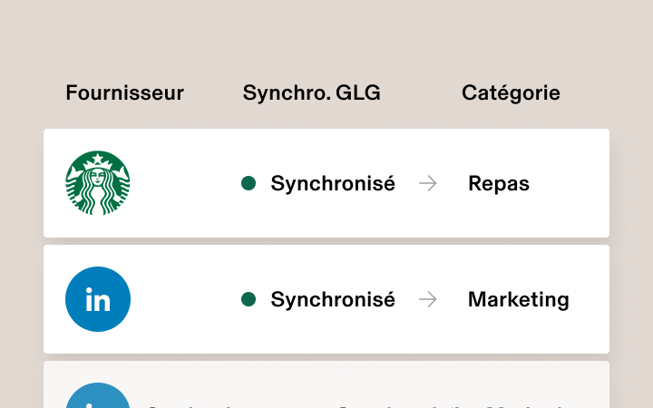 Interface affichant l’état de synchronisation des fournisseurs avec Starbucks et LinkedIn, tous deux synchronisés dans les catégories Repas et Marketing.