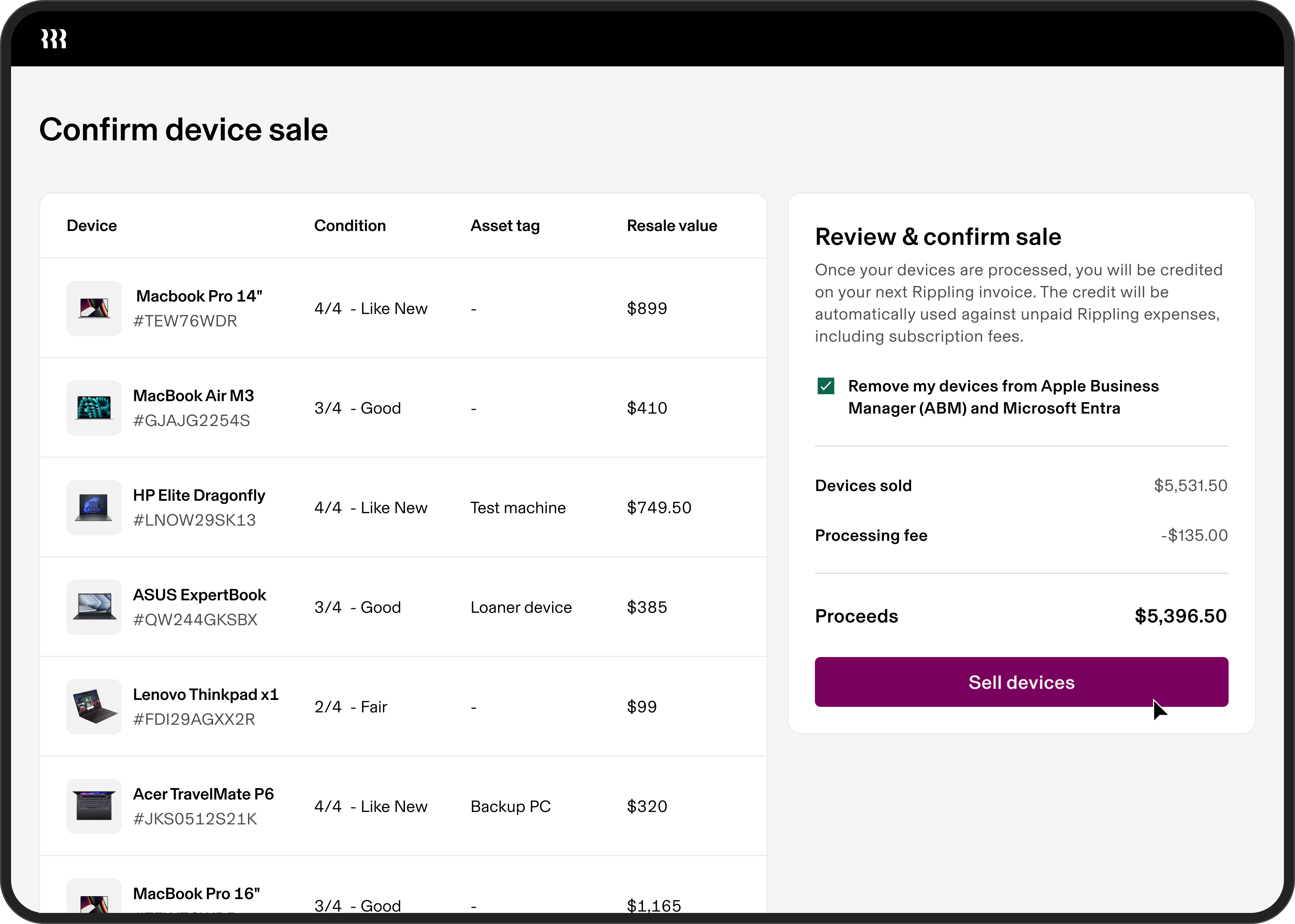 Preview of device sales in Rippling, including information like the device, condition, asset tag, resale value, and total proceeds.