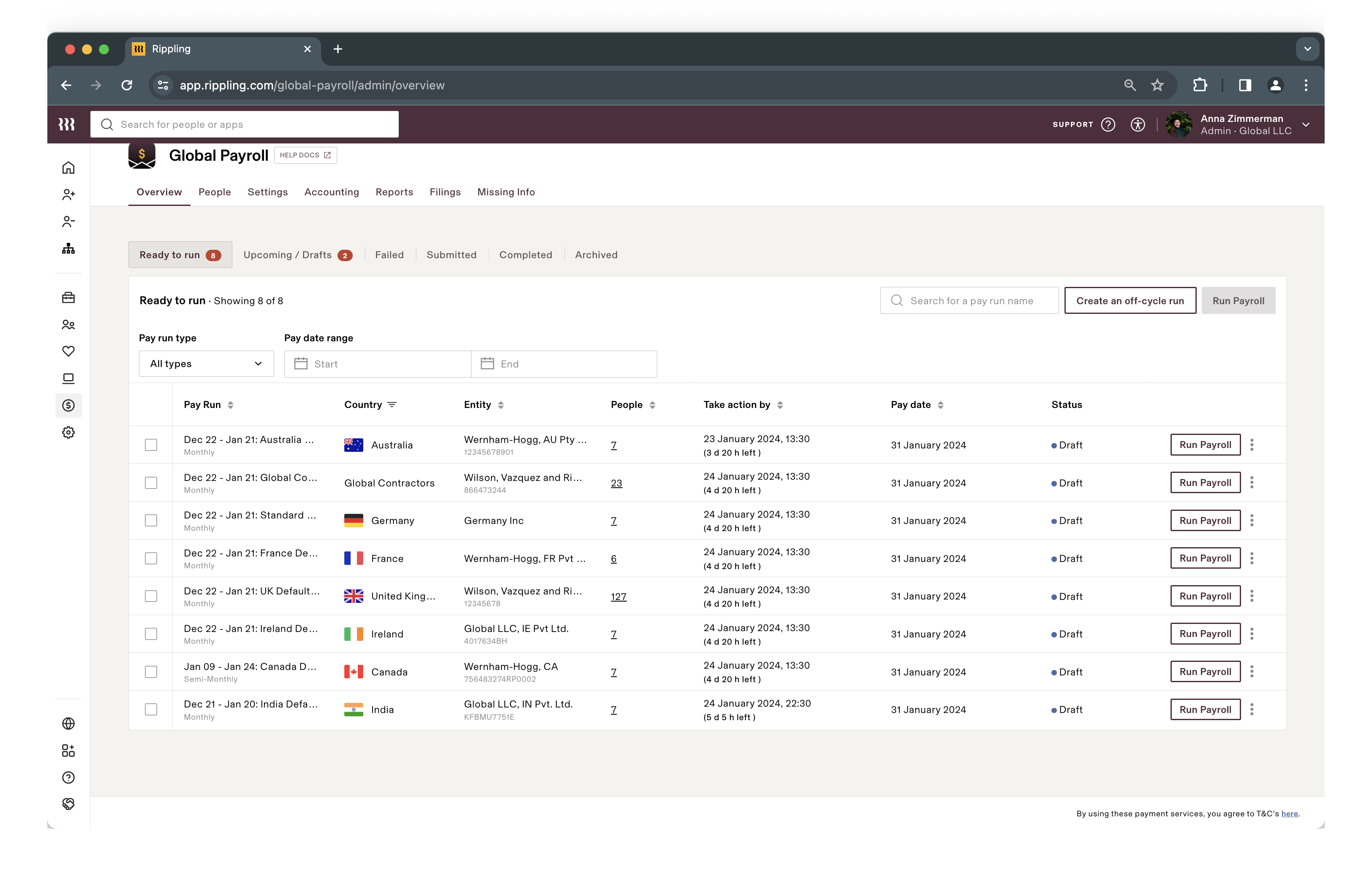 Preview of Rippling's global payroll.