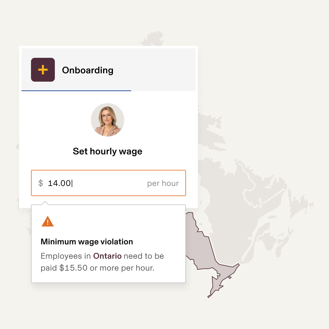 Screenshot of a minimum wage setting with a compliance warning in Rippling