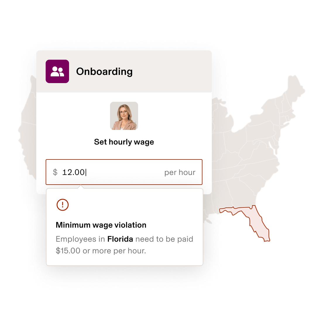 Screenshot of a minimum wage setting with a compliance warning in Rippling