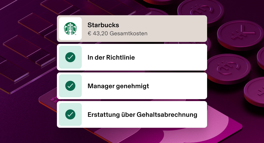 Ausgaben-App, die genehmigten Kauf über 44,20 $ bei Starbucks zeigt, einschließlich Richtlinienkonformität und Rückerstattung über Entgeltabrechnung.