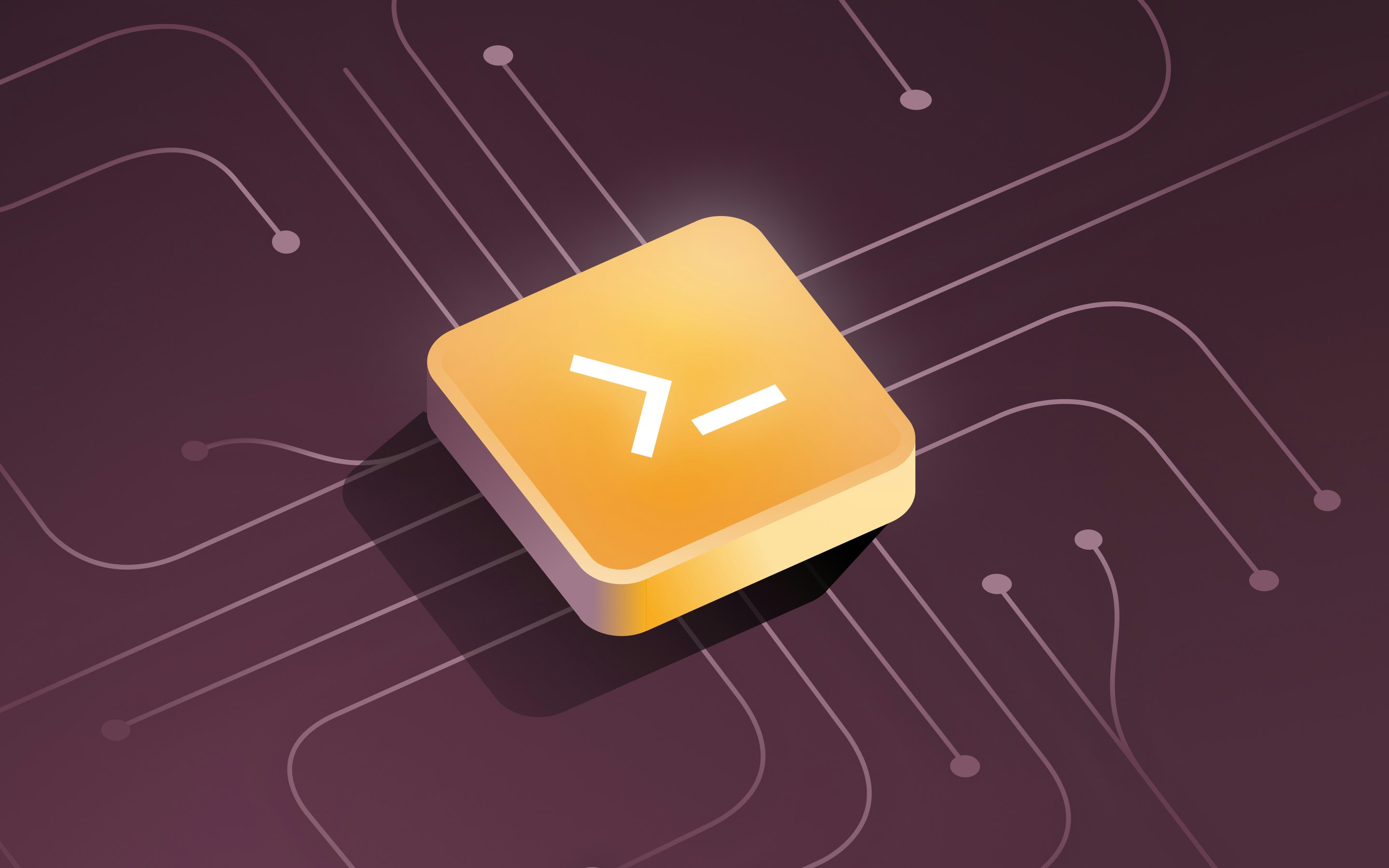 Yellow icon of a command line prompt on a plum background with circuitry branching out.