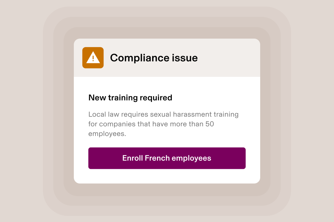 UI image of a Compliance Issue warning that says New training required and a button labeled Enroll Employees