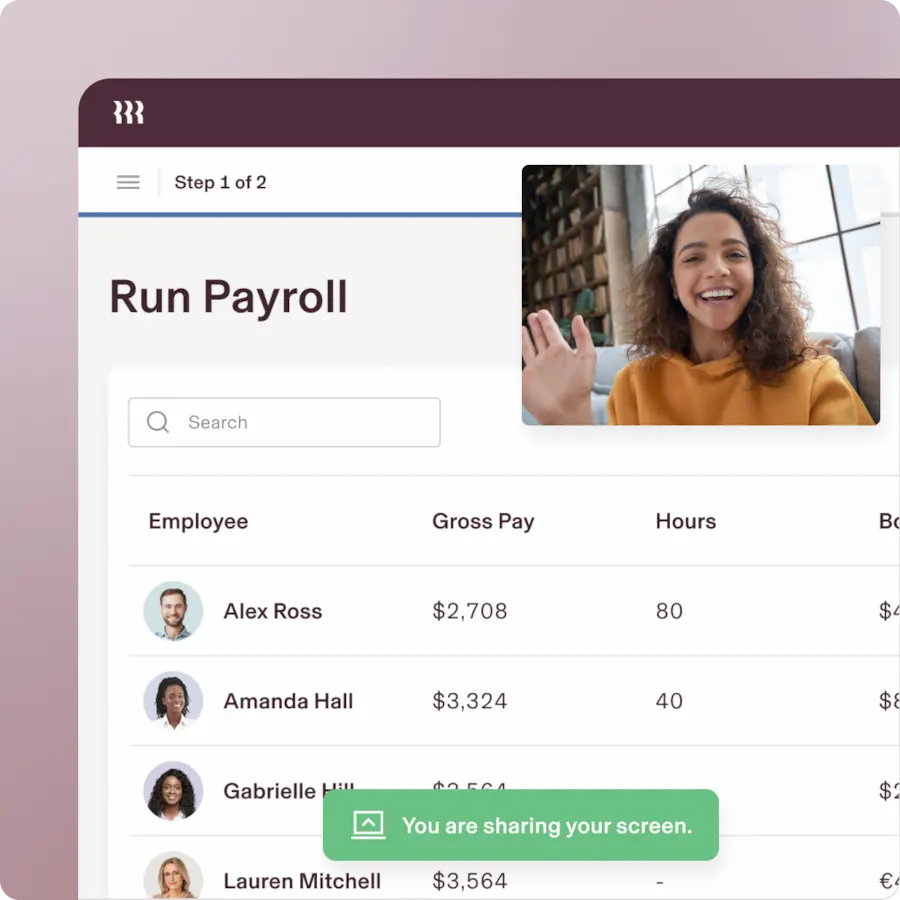 Illustration of a Run Payroll screen in Rippling with a list of employees