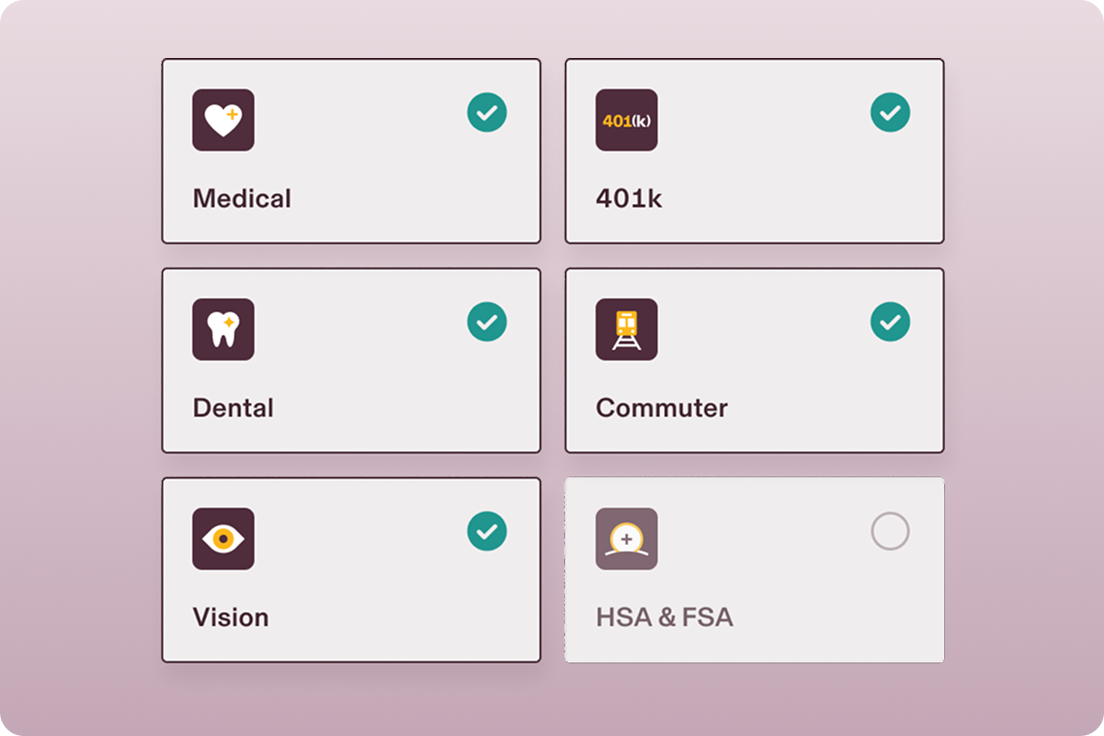 An illustration of a benefits selection screen with options including Medical, 401k, Dental, Commuter, Vision, and HSA and FSA