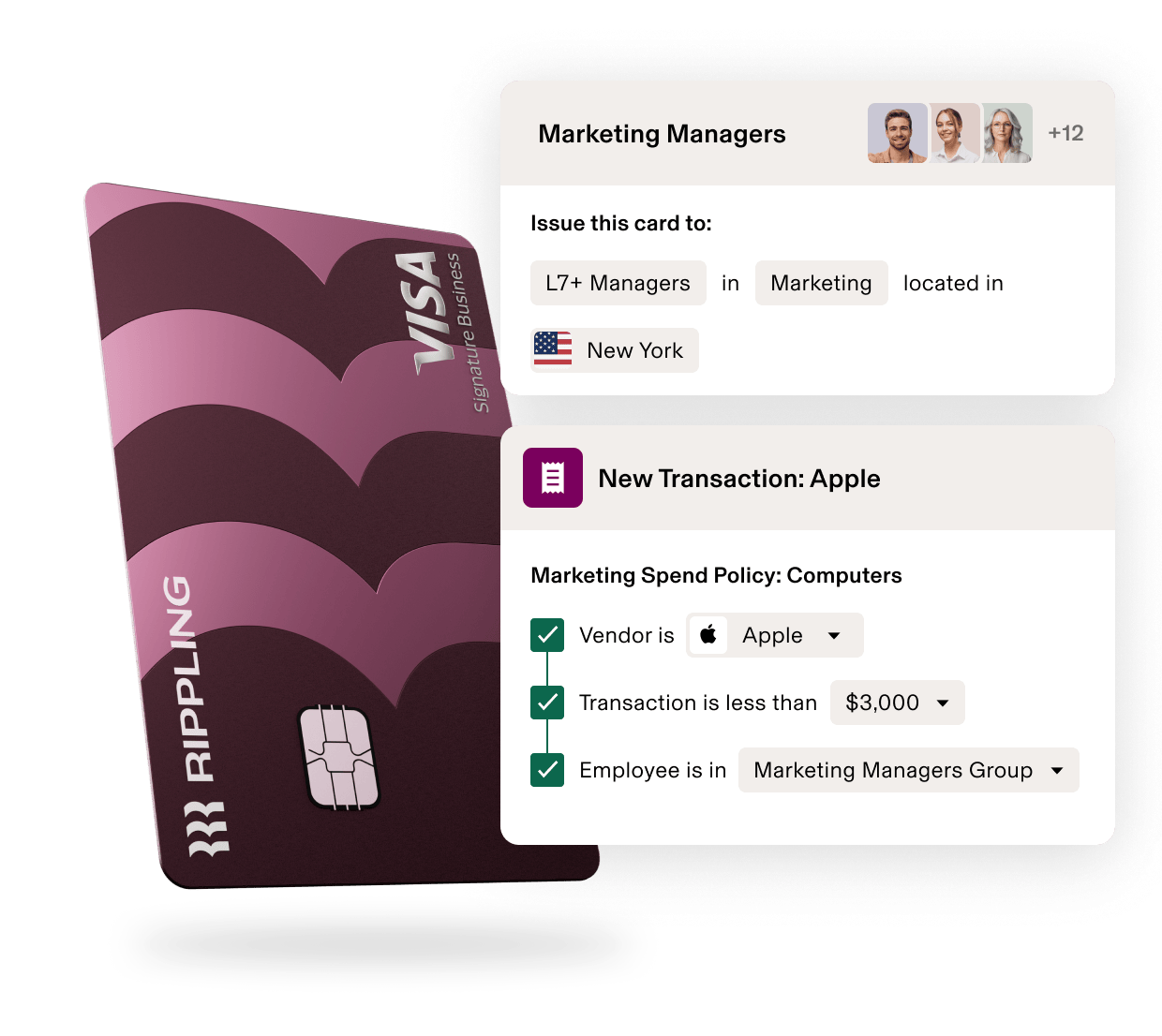 Purple VISA business card with transaction interface showing Apple purchase approval for Marketing Managers in New York.