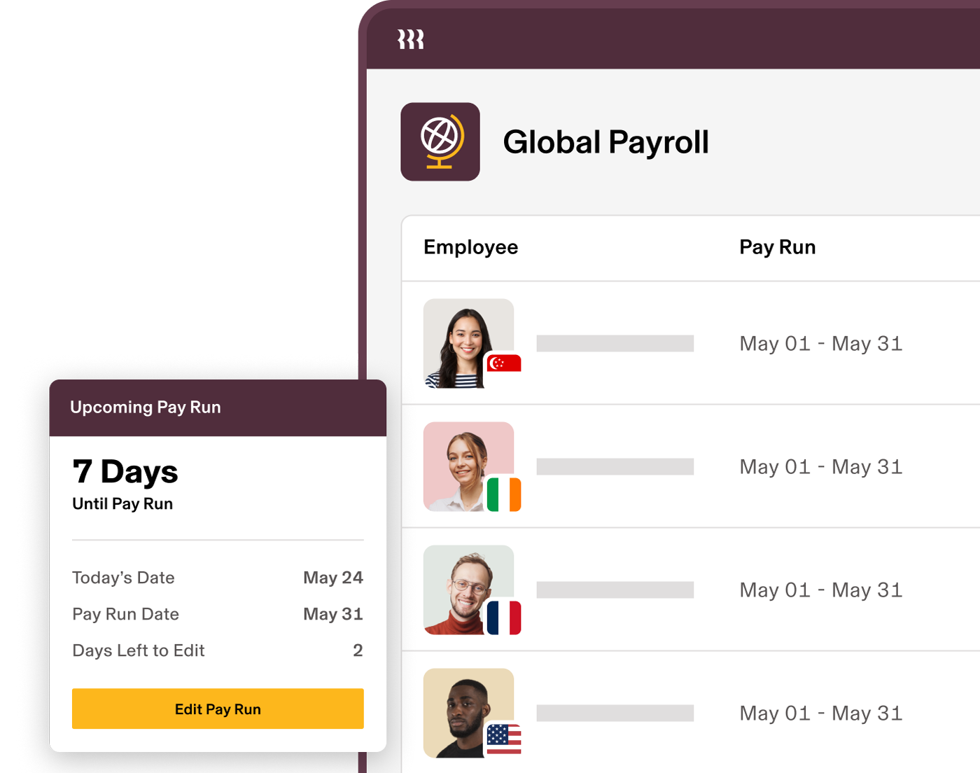 Global payroll dashboard displaying an upcoming pay run schedule for May, with a countdown of days until processing.