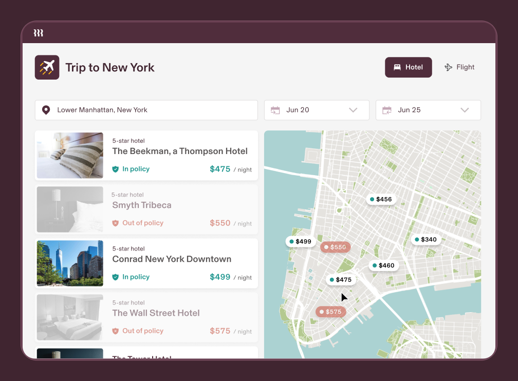 Tablet showing a screen in Rippling Travel titled "Trip to New York" with a list of hotels
