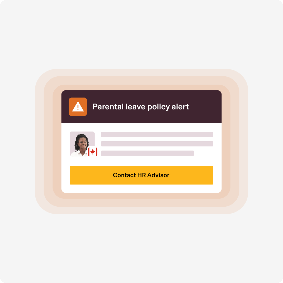 Notification d’alerte Politique de congé parental avec profil de collaborateur et drapeau canadien, affichant un bouton « Contacter conseiller en RH »