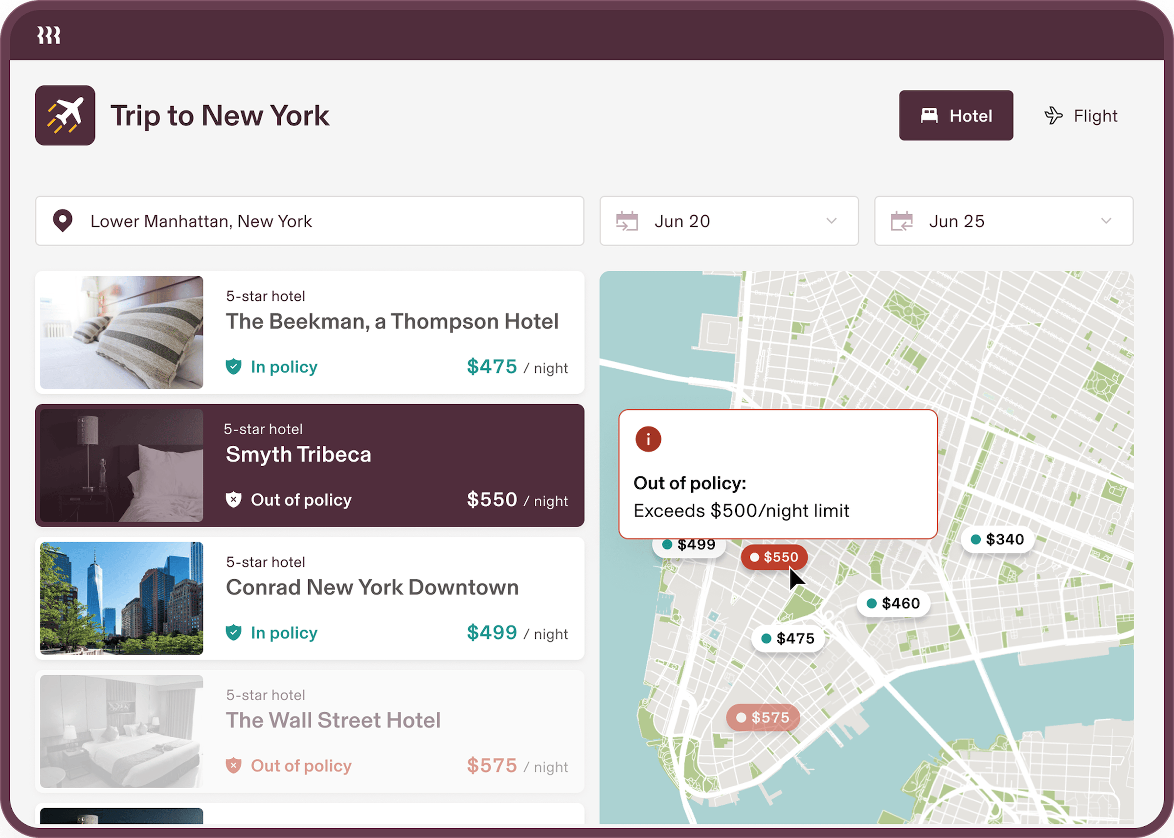 UI in a tablet device showing Rippling Travel's hotel booking process