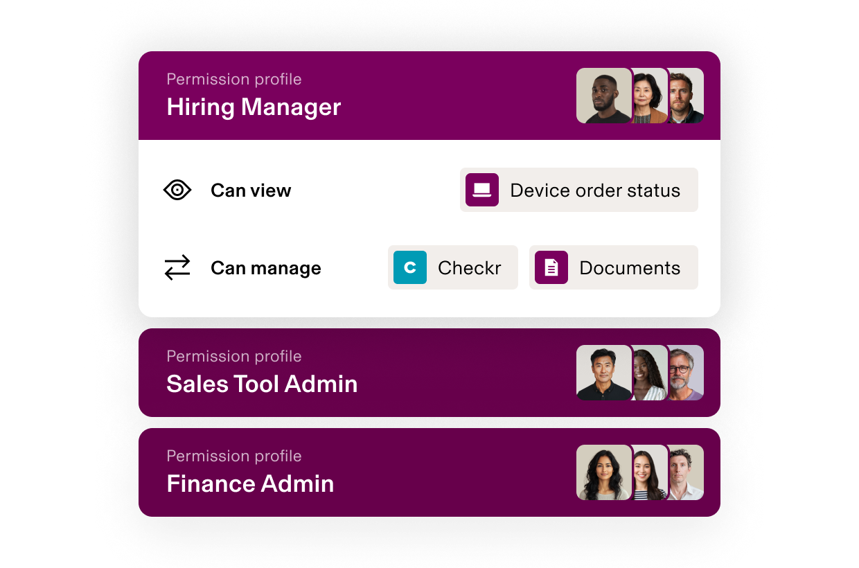 Permission profiles interface showing Hiring Manager, Sales Tool Admin, and Finance Admin roles with their access privileges.