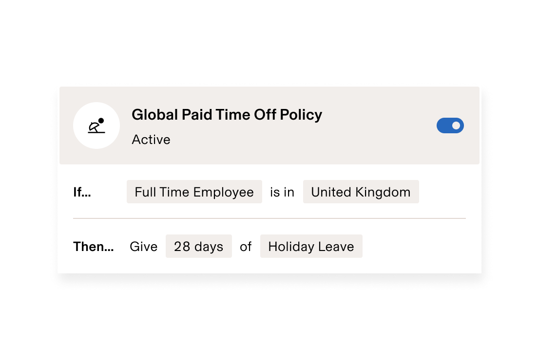 Global Paid Time Off Policy showing 14 days PTO for full-time US employees plus 1 additional day for each year of tenure.
