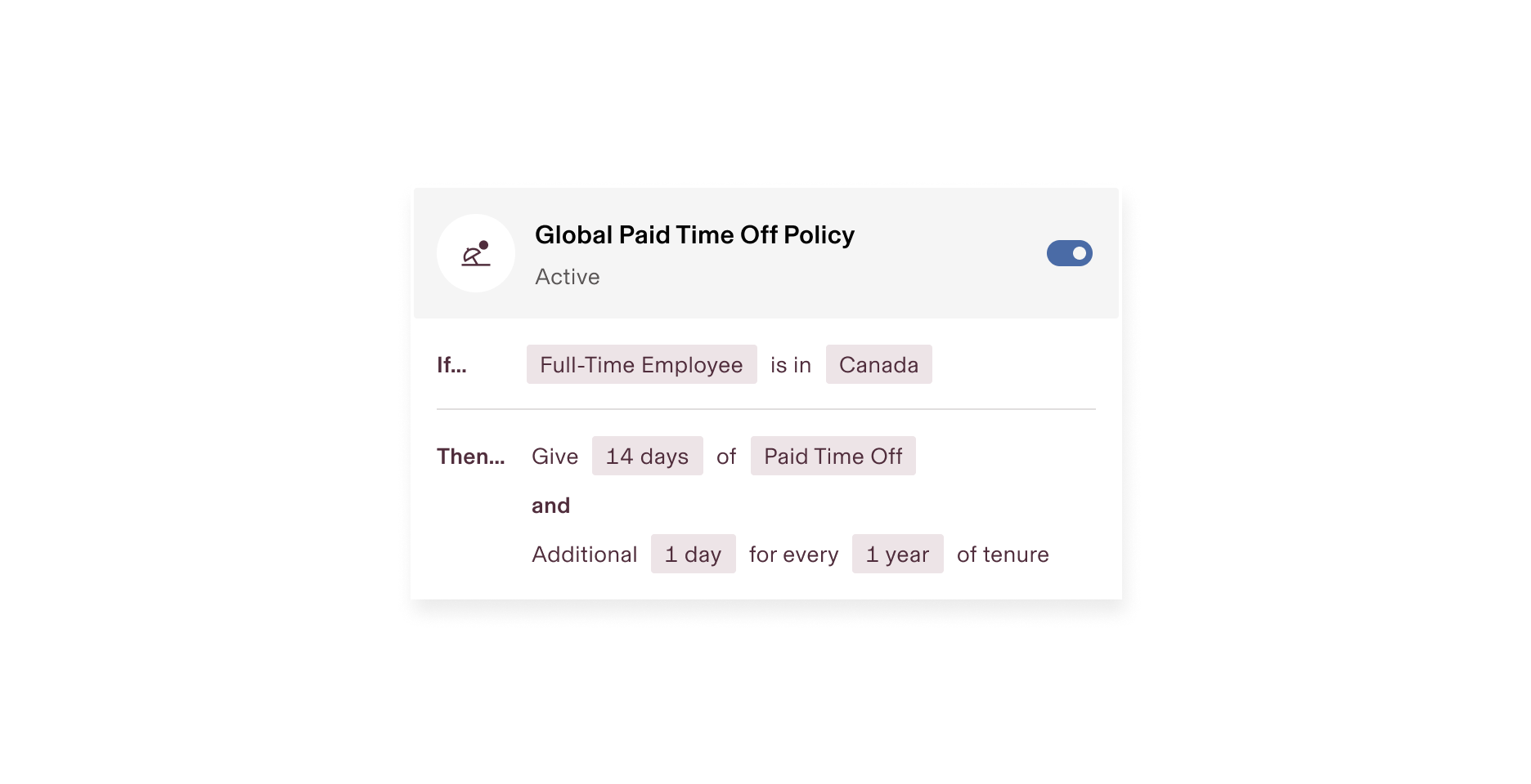 Global Paid Leave Entitlement Policy showing 14 days PTO for full-time US employees plus 1 additional day for each year of tenure.