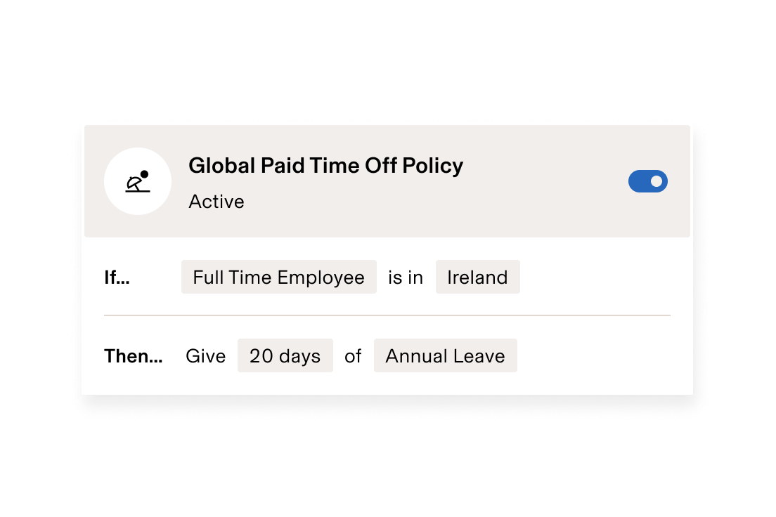 Global Paid Time Off Policy showing 14 days PTO for full-time US employees plus 1 additional day for each year of tenure.
