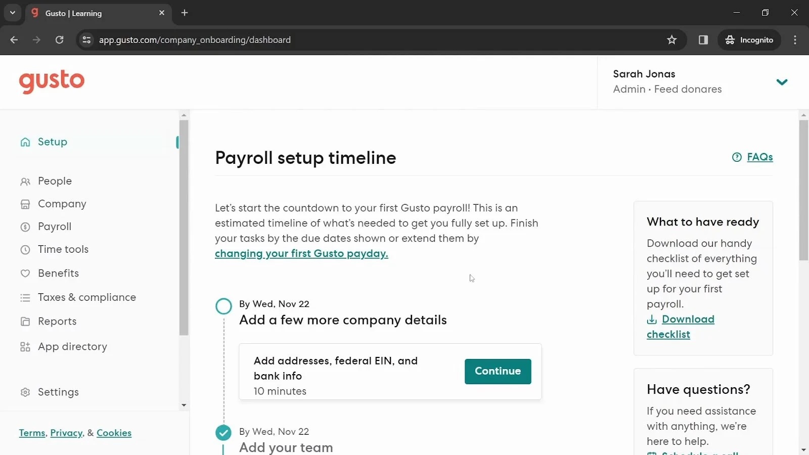 Gusto Payroll setup timeline