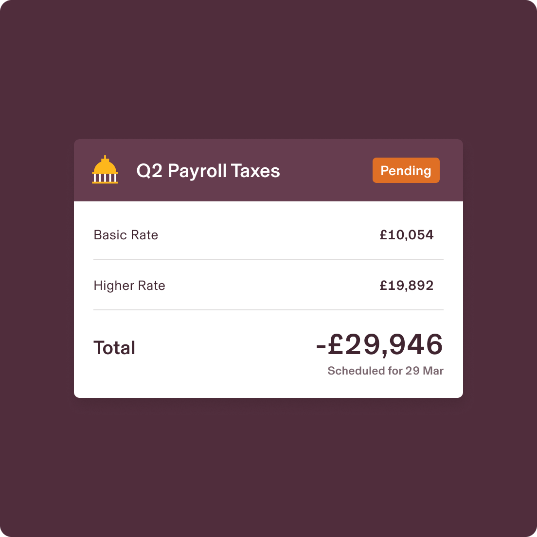 Example screen in Rippling titled Q2 Payroll Taxes listing taxes with the basic rate and taxes with the higher rate and their sum