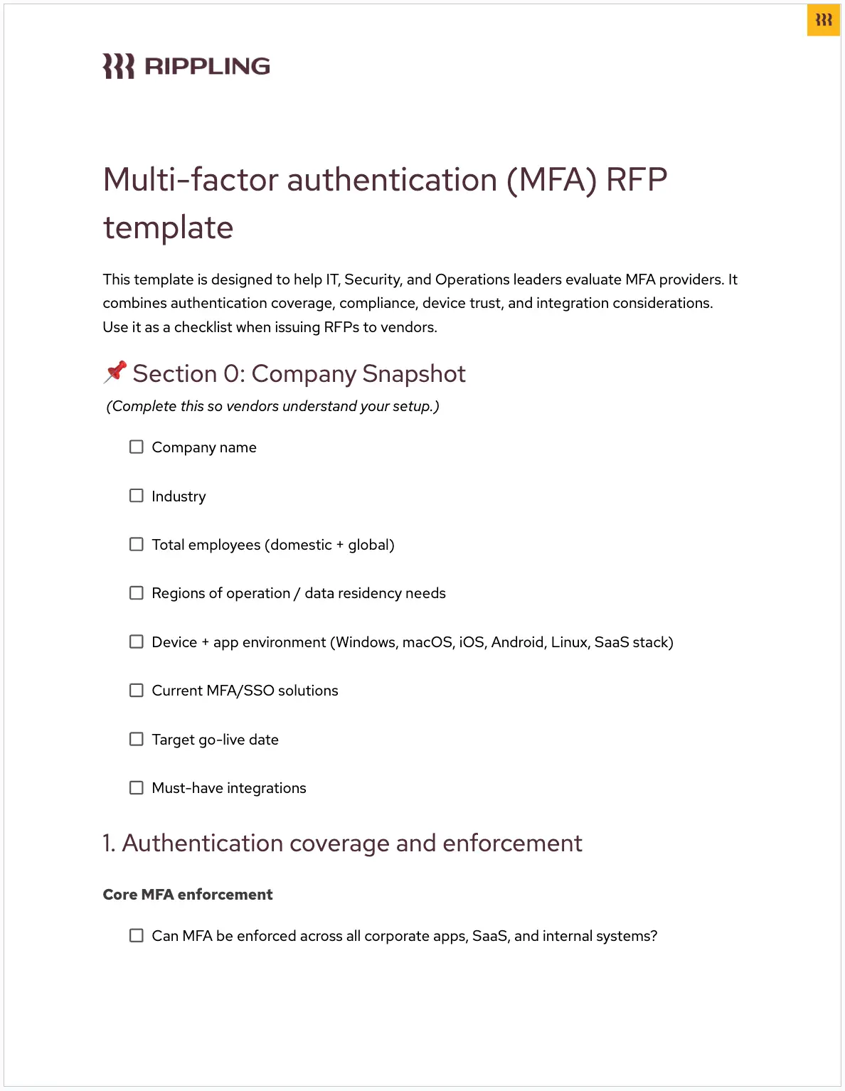 Sample preview of Rippling's Multi-factor authentication (MFA) RFP template