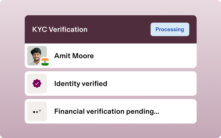 Bildschirm für die Hintergrundprüfung, auf dem der Bearbeitungsstatus, die abgeschlossene Identitätsprüfung und die ausstehende Finanzprüfung für einen Mitarbeiter aus Indien zu sehen sind.