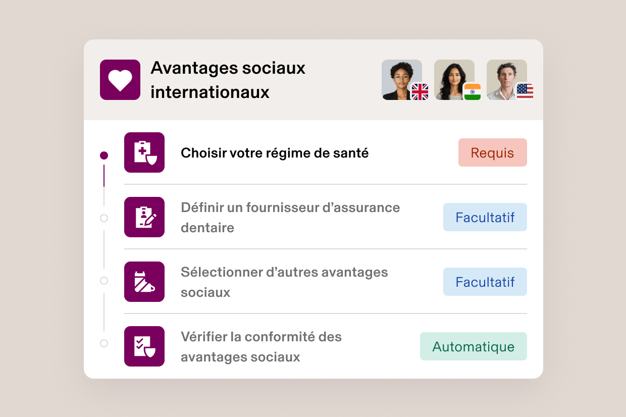 Interface d’inscription aux avantages sociaux internationaux affichant quatre étapes : choisir un régime de santé, définir l’assurance dentaire, sélectionner d’autres avantages et vérifier la conformité.