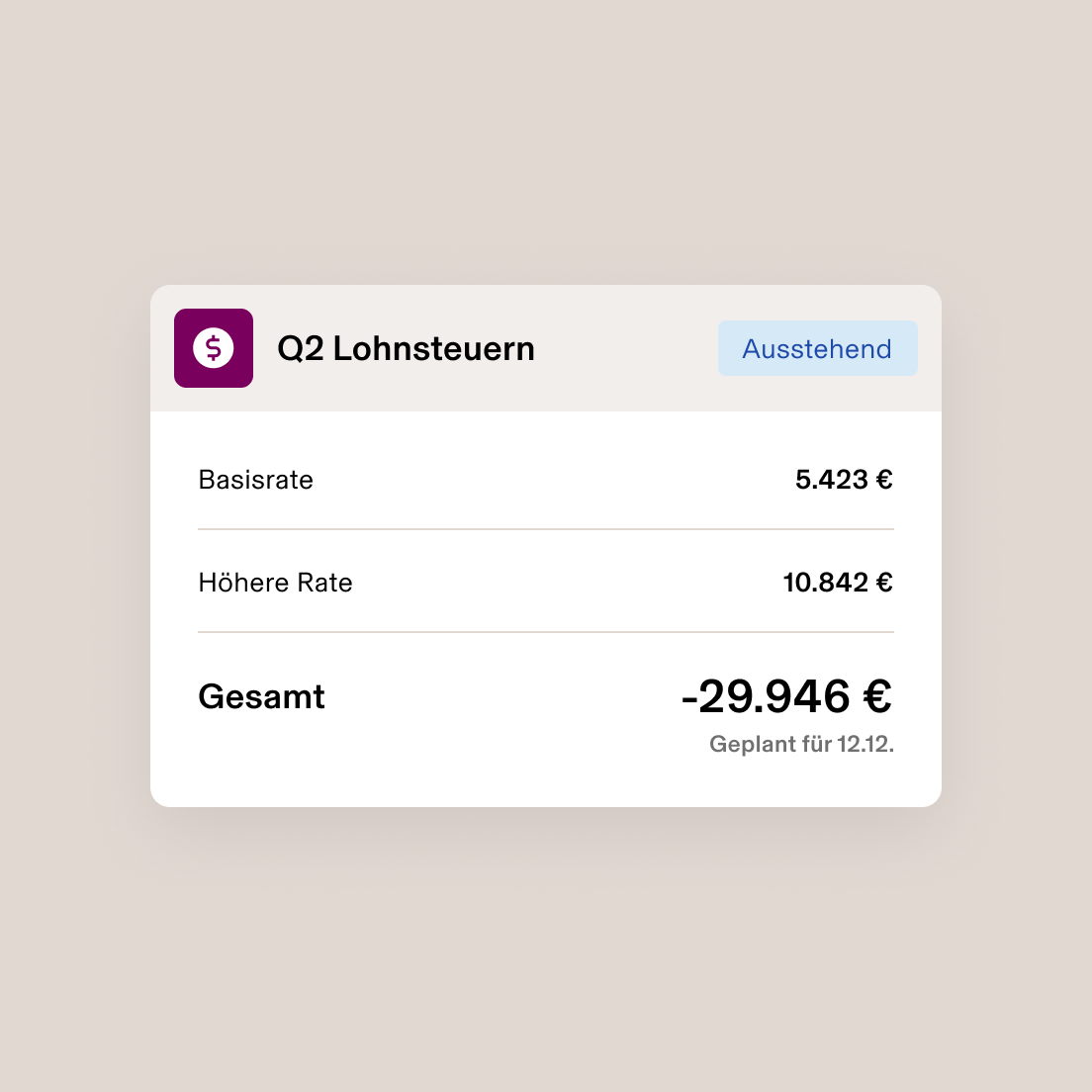 Screenshot einer Karte mit der Bezeichnung „Lohnsteuer und Sozialversicherungsbeiträge Q2“, die die nationalen und regionalen Steuern sowie eine Summe beider Posten anzeigt