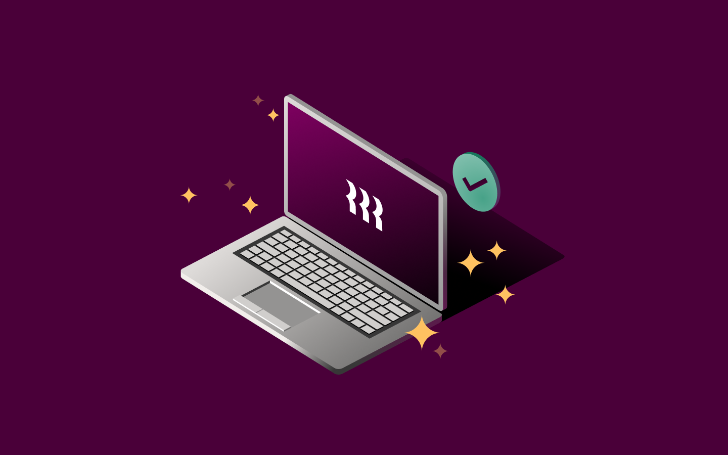 Isometric laptop with wavy lines on screen and green checkmark icon, surrounded by gold stars on purple background.