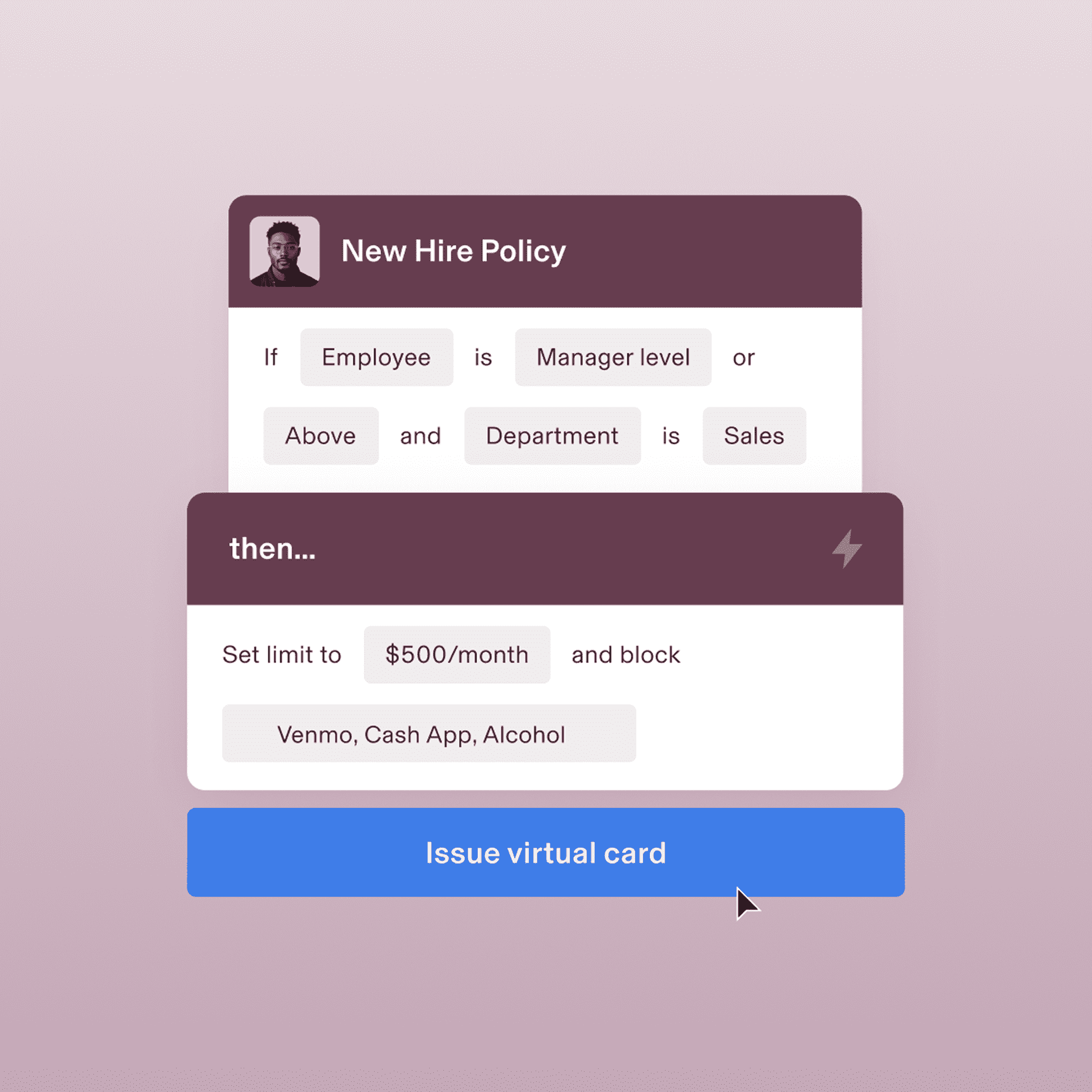 Example of a custom corporate card policy in Rippling titled New Hire Policy