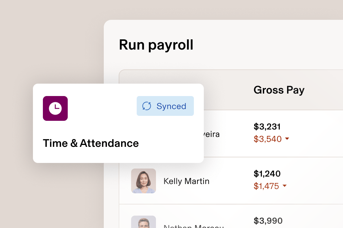 Payroll management interface showing "Run payroll" screen with Time & Attendance module, synced status, and employee gross pay amounts.