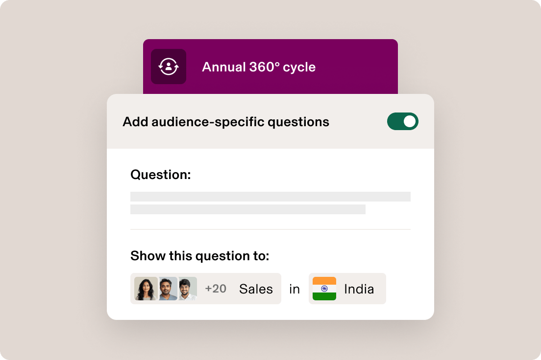 Benutzeroberfläche mit 360°-Feedback zum jährlichen Zyklus für den Vertrieb in Indien mit zielgruppenspezifischen Fragen, Umschaltoption und Profilbild.