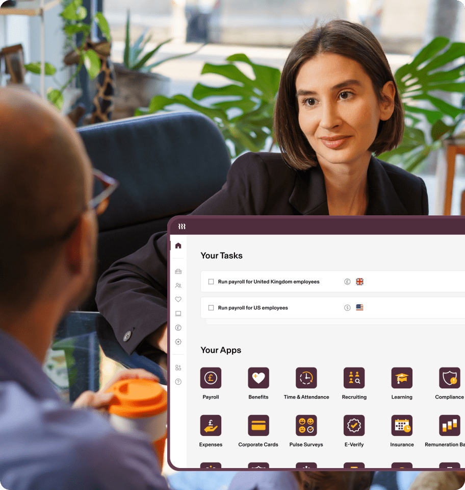 Screenshot of the Rippling dashboard titled "Your Tasks" with a checklist item that says, "Run payroll for United Kingdom employees," overlaid on top of a photograph of two HR employees conversing at a desk