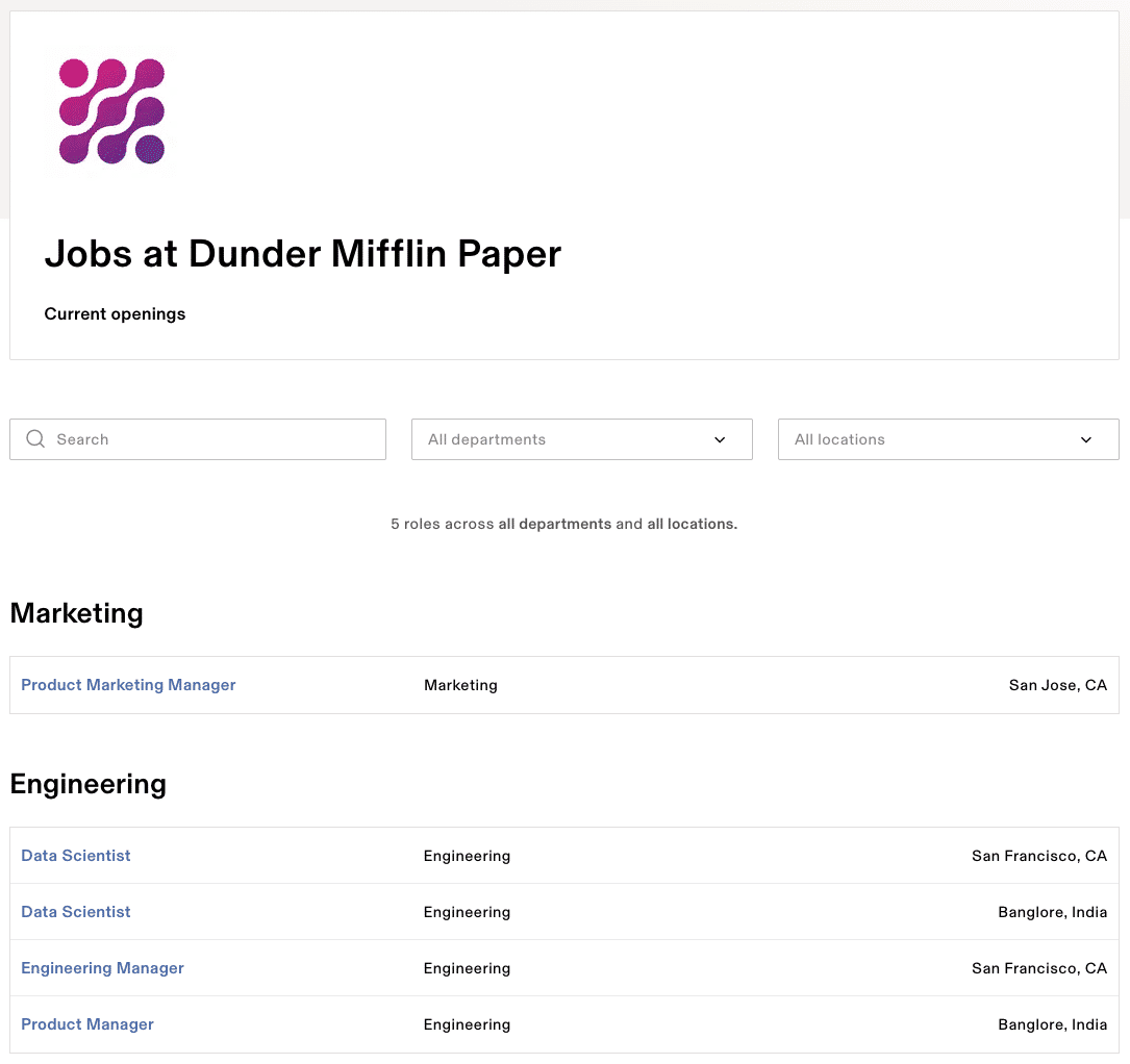 Sample job listings for Dunder Mifflin Paper.