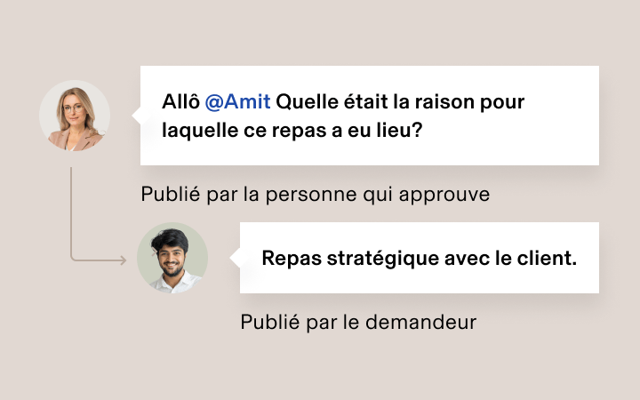 Conversation sur les réseaux sociaux entre deux utilisateurs au sujet d’un dîner stratégique avec un client, avec photos de profil et horodatage.