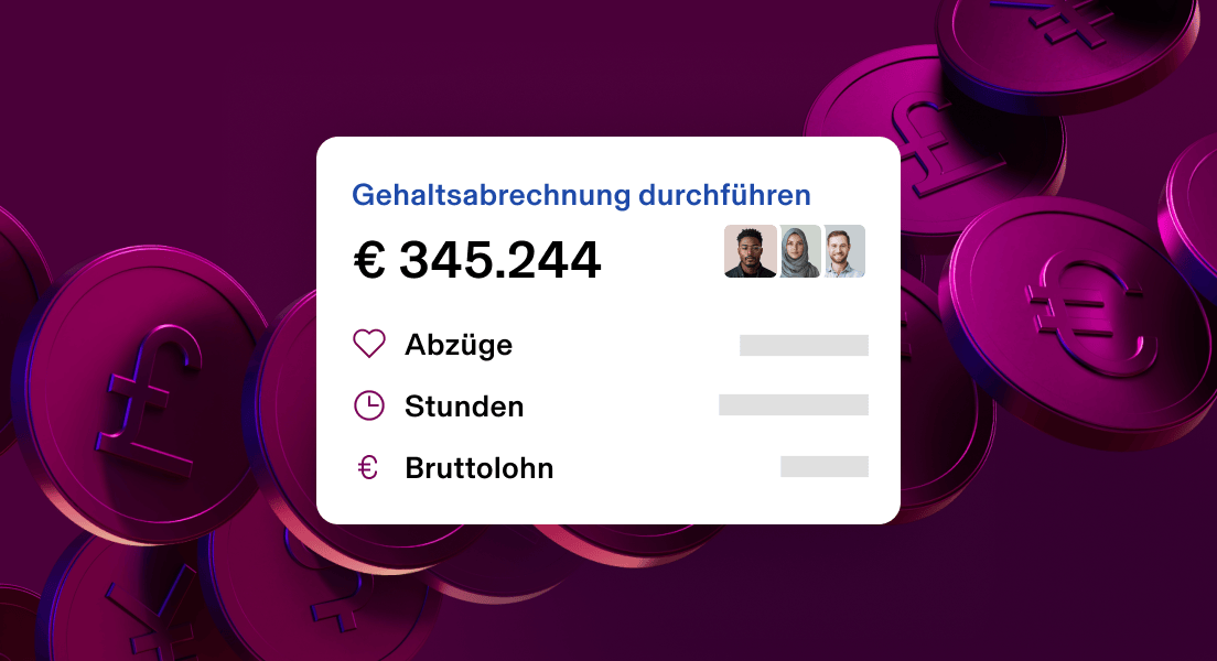 Dashboard der Entgeltabrechnung, das insgesamt 345.244 $ an Abzügen, Arbeitsstunden und Bruttoentgeltoptionen vor einem dunkelvioletten Hintergrund zeigt.