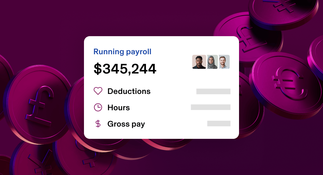 Payroll dashboard showing $345,244 running total with deductions, hours, and gross pay options against a dark purple background.