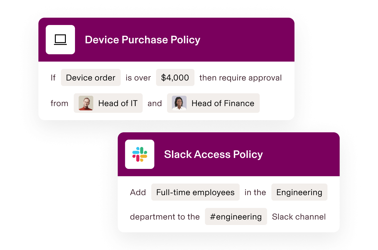 Company policy cards showing device purchase approval requirements and Slack channel access rules for engineering staff.