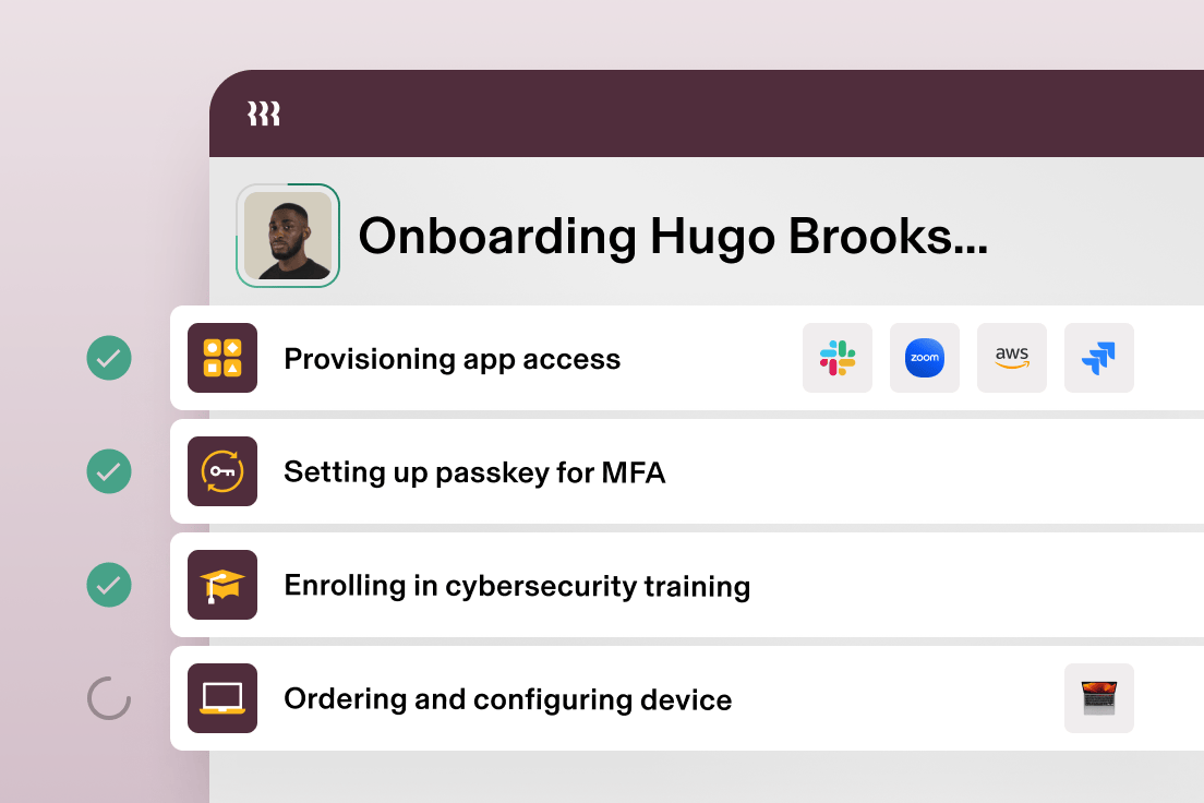 Example UI illustration showing a screen in Rippling titled "Onboarding Hugo Brooks" with steps including "Provisioning app access," "Setting up passkey for MFA," "Enrolling in cybersecurity training," and "Ordering and configuring device"