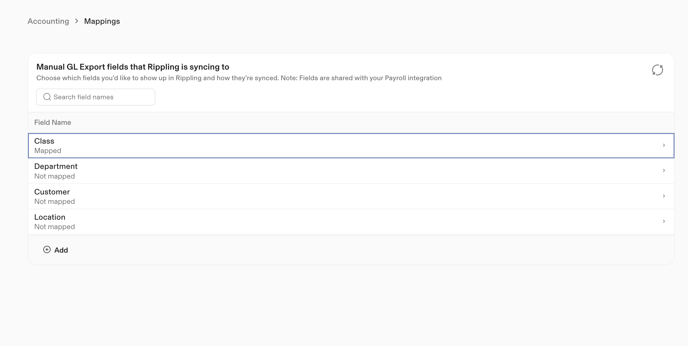 Preview of account mappings showing supported accounting dimension, including class, department, customer, and location.