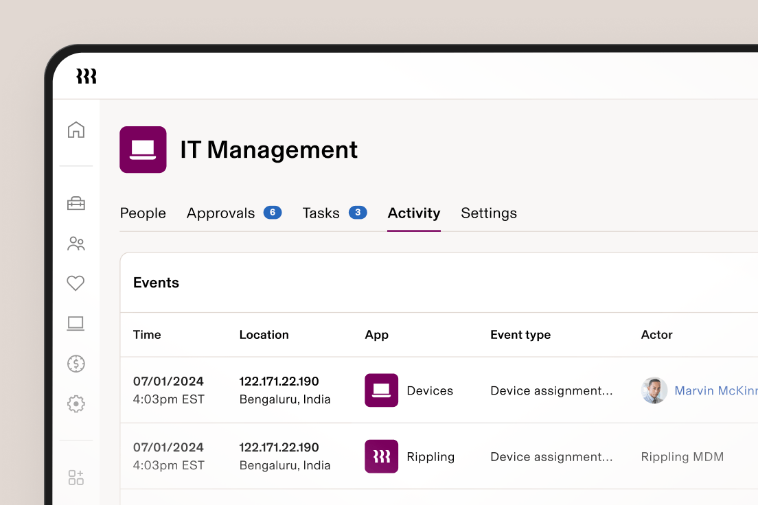 IT Management dashboard showing activity events with device assignments and unassignments from Bengaluru, India on 07/01/2024.