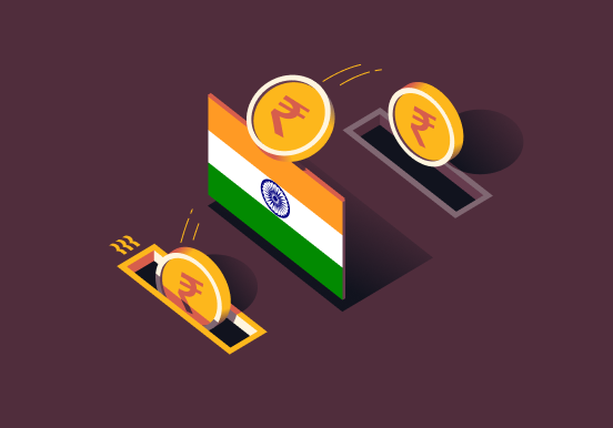 Graphic illustration of India flag with three rupees