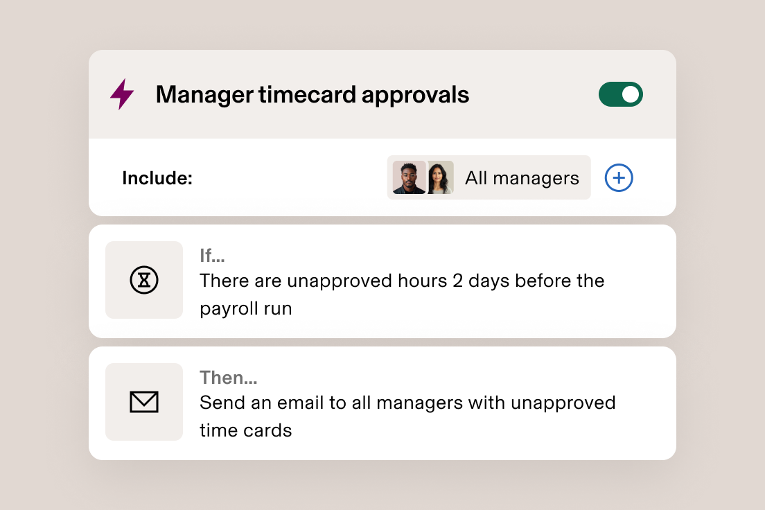 Illustration of an automation rule in Rippling titled "Manager timecard approvals"