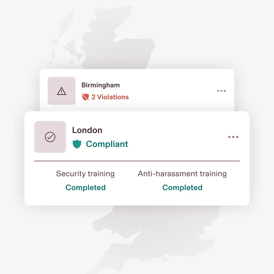 An illustration showing a card with 2 violations for Birmingham overlaid with a card that says Compliant for London