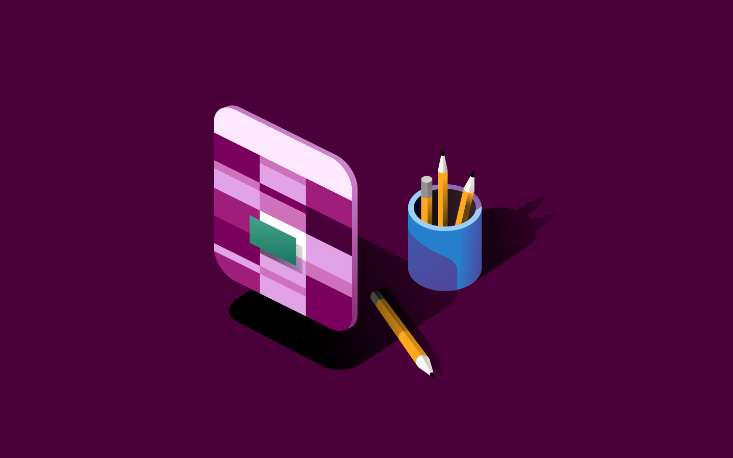 Isometric illustration of a purple smartphone with striped interface next to a blue pencil holder and yellow pencil on purple background.