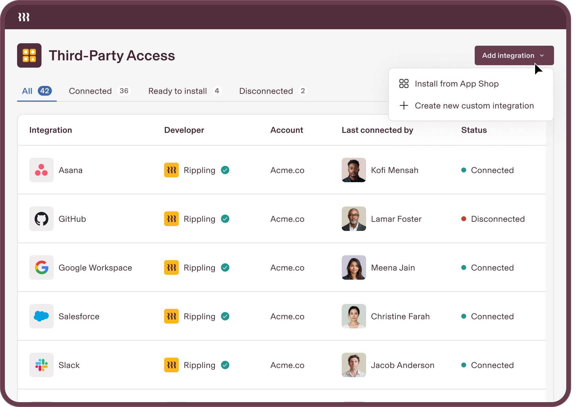 Example of Rippling's third party access hub.