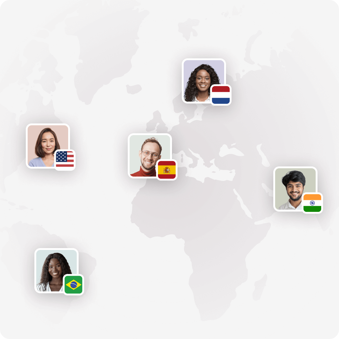 Photos de profil avec drapeaux des États-Unis, des Pays-Bas, de l’Espagne, de l’Inde et du Brésil positionnés sur une carte du monde en arrière-plan.