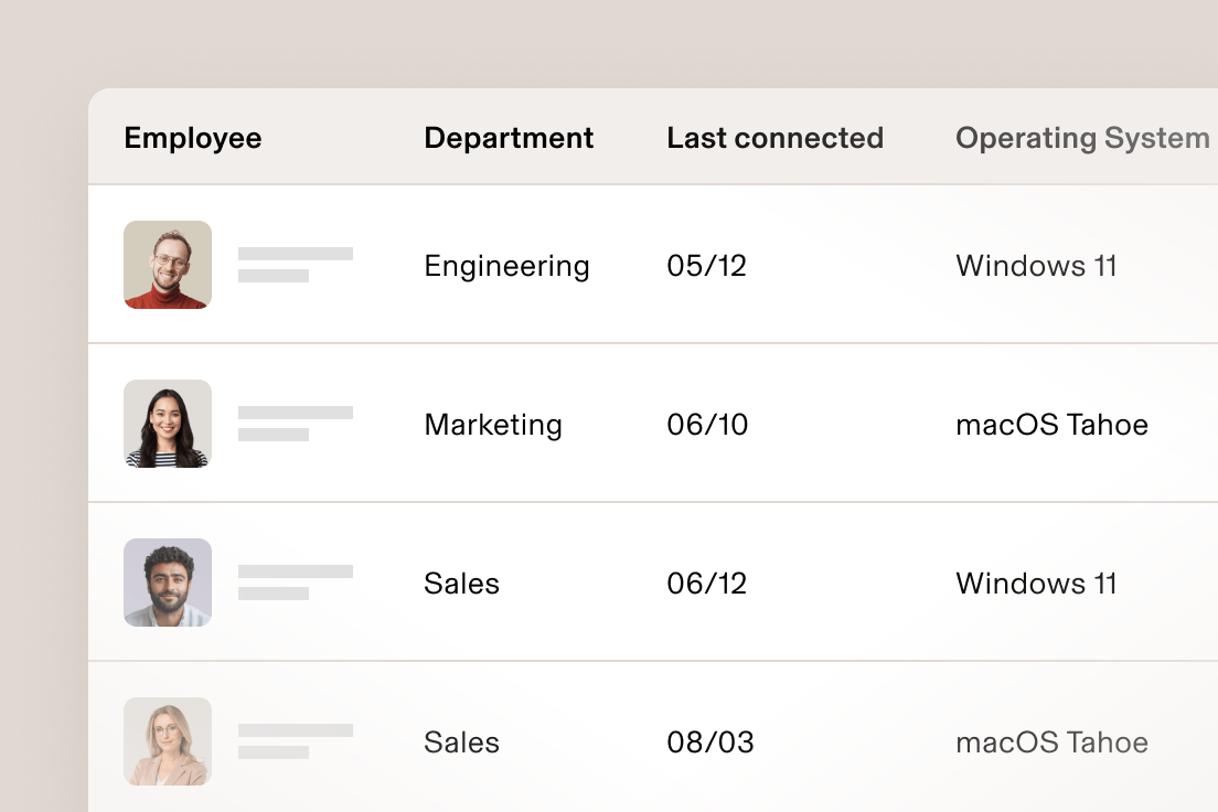 Employee database table showing three staff members from Engineering, Marketing, and Sales departments with connection dates and OS info.