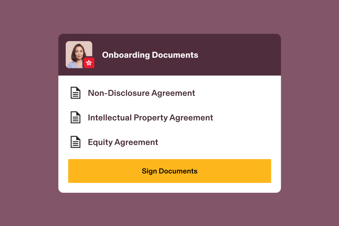 Bildschirm für Onboarding-Dokumente mit drei Vertragsarten, einem Profilfoto und einer gelben Schaltfläche „Dokumente unterzeichnen“.